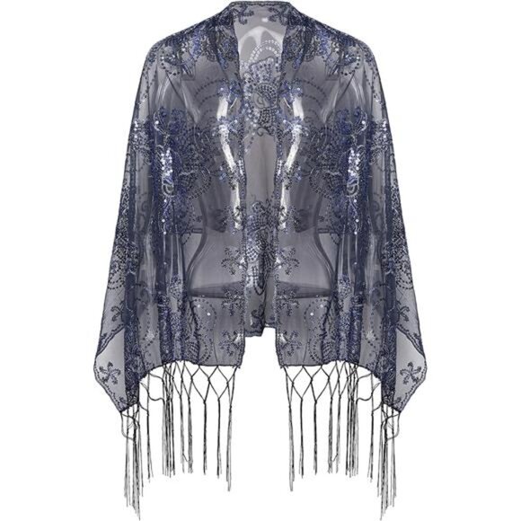 Accessories - 1920s Sequined Peacock Shawl Wraps Fringed Evening Cape Wedding Bridal